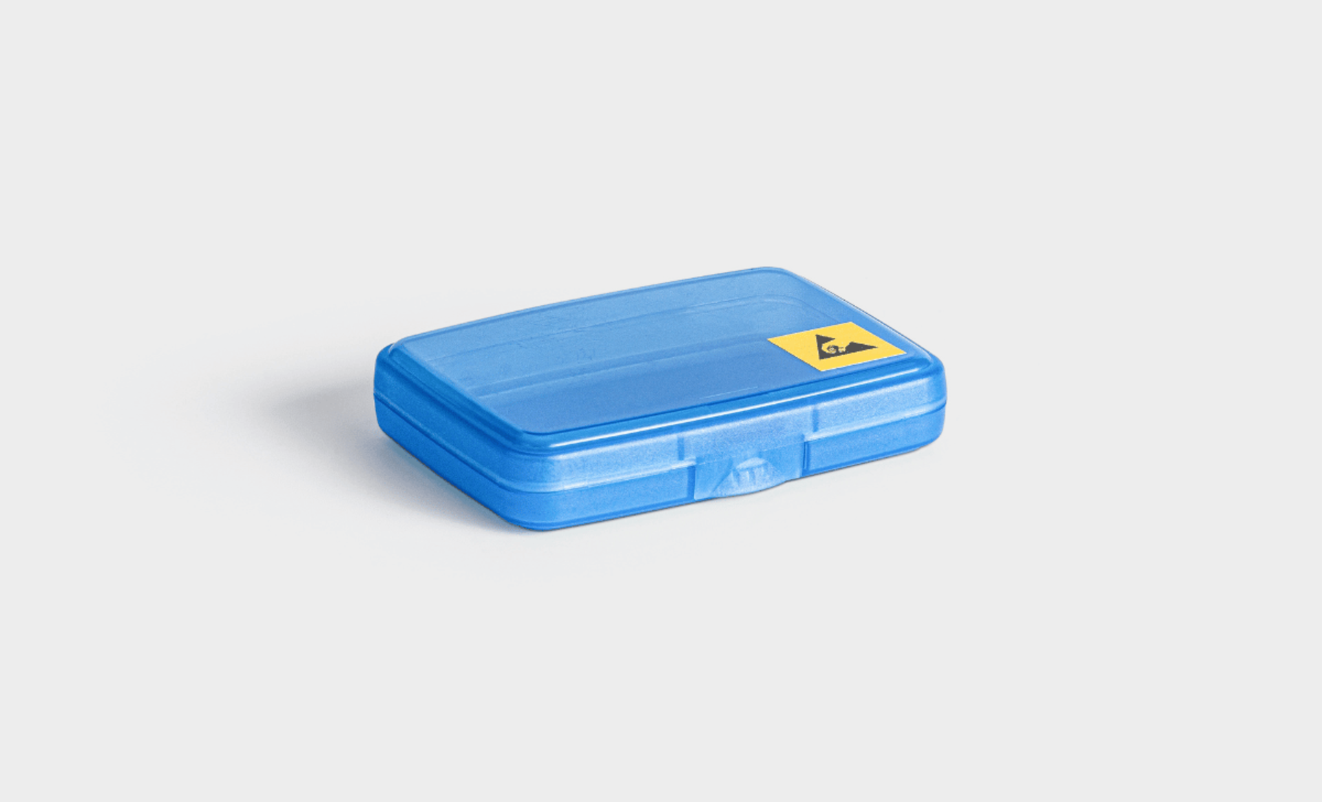 Kompakte ConsumerBox von rose plastic in transparentem Blau mit ESD-Warnsymbol, geeignet für kleinere elektronische Bauteile