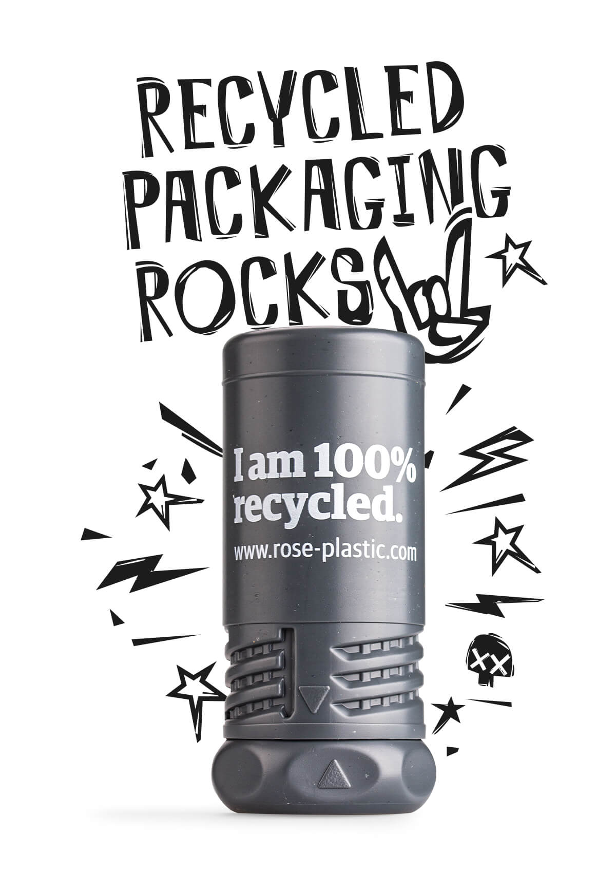 TwistPack Plus made from recycled material in front of a "recycling rocks" lettering